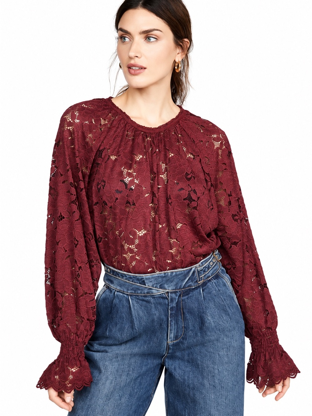 Free People Olivia Burgundy Floral Lace Balloon Sleeve Blouse
